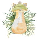 Watercolor Christmas fox in green hat and pine tree on the background Hand drown illustration Royalty Free Stock Photo