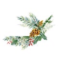 Watercolor Christmas frame with fir branches, leaves, pine, cone. Bohemian winter greenery banner for christmas card, greeting ca