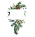 Watercolor Christmas frame of fir branches, pine cone, white berries and leaves. Hand painted holiday composition of Royalty Free Stock Photo