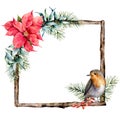 Watercolor Christmas Frame With Floral Decor And Robin. Hand Painted Wood Branch With Poinsetiia, Eucalyptus Leaves