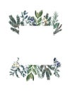 Watercolor Christmas frame illustration. Pine branches, berries, greenery and foliage decorative border in rustic style Royalty Free Stock Photo