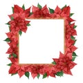 Watercolor Christmas frame made of poinsettia with a gold geometric element isolated on a white background. Royalty Free Stock Photo