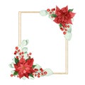 Watercolor Christmas frame made of poinsettia with a gold geometric element isolated on a white background. Royalty Free Stock Photo