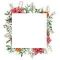 Watercolor Christmas frame with poinsettia decor. Hand painted fir card with leaves, pine cones, holly, branches and