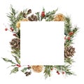 Watercolor Christmas frame of spruce branches, lemon slices and pine cones. Hand painted winter plants isolated on white