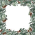 Watercolor Christmas frame square shape . Template of fir branches, boxwood, red berries on a white background.