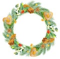 Watercolor christmas frame. Watercolor Christmas wreath with fir branches and place for text.