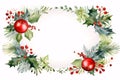 Watercolor Christmas garland frame decorated with red baubles, holly and fir branch on white background, Christmas background. Royalty Free Stock Photo