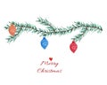 Watercolor Christmas garland with toy, fir branches and place for text