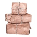 Watercolor christmas gifts and presents in craft wrapping paper