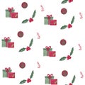 Watercolor christmas gifts seamless pattern Gifts, candies, decoration, branch isolated on white background For design Royalty Free Stock Photo