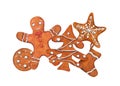 Watercolor Christmas gingerbread cookies decorated with white icing. Traditional Xmas pastries. Gingerbread man, sock, star, Royalty Free Stock Photo