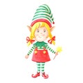 Watercolor Christmas girl elf with magic wand.Little helper of Santa Claus in a striped suit with a hat. Royalty Free Stock Photo