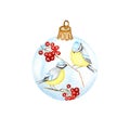 Watercolor Christmas Glass Ball Made of red rowan Branches, winter bird Blue tit. Greeting Card Design Template with