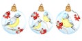 Watercolor Christmas Glass Ball set, Made of red rowan Branches, winter bird Blue tit. Greeting Card Design Template