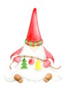 Watercolor Christmas gnome with christmas decorations. Hand painted New year illustration. Little santa character in red Royalty Free Stock Photo