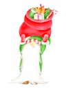 Watercolor Christmas gnome with gift bag. Hand painted New year illustration. Nordic folklore character isolated on Royalty Free Stock Photo