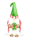 Watercolor Christmas gnome with gift box. Hand painted New year illustration. Little nordic elf character in green hat Royalty Free Stock Photo