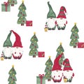 Watercolor christmas gnome seamless pattern Scandinavian gnomes with gifts, lanterns, tree on white background For Royalty Free Stock Photo