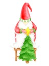 Watercolor Christmas gnome with christmas tree and star topper. Hand drawn New year decoration. Nordic folklore Royalty Free Stock Photo