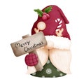 Watercolor christmas gnome with wooden signboard illustration.Christmas gnome decoration Royalty Free Stock Photo