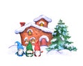 Watercolor Christmas gnomes in seamless pattern with rural houses, spruce tree, snow. Cute winter repeating background