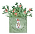 Watercolor christmas green mailbox with snowman and fir branches