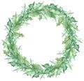 Watercolor Christmas green mistletoe leaves wreath. Hand-drawn New Year`s template.