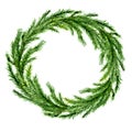 Watercolor Christmas green wreath without decorations. Round wreath of coniferous branches