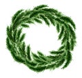 Watercolor Christmas green wreath without decorations. Round wreath of coniferous branches