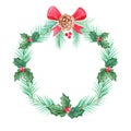 Watercolor christmas green wreath with pine and holly isolated on white background Royalty Free Stock Photo