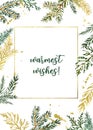 Watercolor Christmas greenery card border with golden geomertic frame. Modern hand painted background for holiday cards, greetings Royalty Free Stock Photo