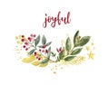 Watercolor Christmas greenery card border with winter greens, plants, branches, holly, winter berries, gold elements Royalty Free Stock Photo