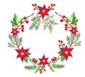 Watercolor Christmas greenery wreath-symbol of winter holidays, with pine evegreen branches and red poinsettia flowers, on white