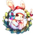 Cute bunny inside Christmas wreath - Christmas watercolor illustration.