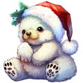 Cute Christmas white baby bear cub wearing Santa hat - Christmas watercolor illustration.