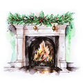 Watercolor Christmas hand-drawn illustration of fireplace decorated with ornaments and pine branches.