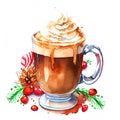 Watercolor Christmas hand-drawn illustration of hot cocoa