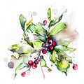 Watercolor Christmas hand-drawn illustration of red berries branch.Watercolor Christmas hand-drawn illustration. Mistletoe branch