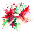 Watercolor Christmas hand-drawn illustration. Red Christmas flower - poinsettia.