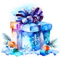 Watercolor Christmas hand-drawn illustration. Stunning gift box ready for christmas.