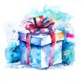 Watercolor Christmas hand-drawn illustration. Stunning gift box ready for christmas.