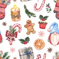 Watercolor Christmas hand painted seamless pattern. Watercolor sweets, cookies, gnome, candle, candy. Winter digital paper Royalty Free Stock Photo
