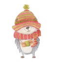 Watercolor Christmas hedgehog in a knitted striped scarf and hat with a gift in his hands