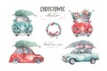 Watercolor christmas holiday card transportation illustration. Merry Xmas winter tree design with wreath. Hand painted