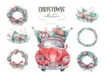 Watercolor christmas holiday card transportation illustration. Merry Xmas winter tree design with wreath. Hand painted