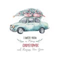 Watercolor christmas holiday card transportation illustration. Merry Xmas winter tree design. Hand painted New year