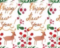 Watercolor Christmas holiday seamless pattern with berries, deer and happy new year copy. Winter New Year theme. Royalty Free Stock Photo