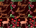 Watercolor Christmas holiday seamless pattern with berries, deer and happy new year copy. Winter New Year theme. Royalty Free Stock Photo