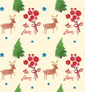 Watercolor Christmas holiday seamless pattern with berries, trees, deer and happy new year copy. Winter New Year theme. Royalty Free Stock Photo